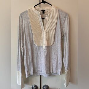 J. Crew Gray Long-Sleeve Top with Cream  Satin Pleated Tuxedo Bib